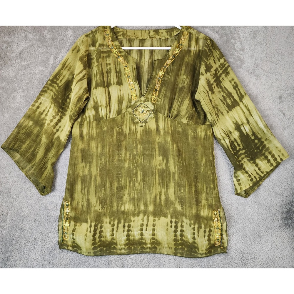 Womens Shirt Medium Green Tie Dye Beaded Embroidered V-Neck Boho Tunic Top